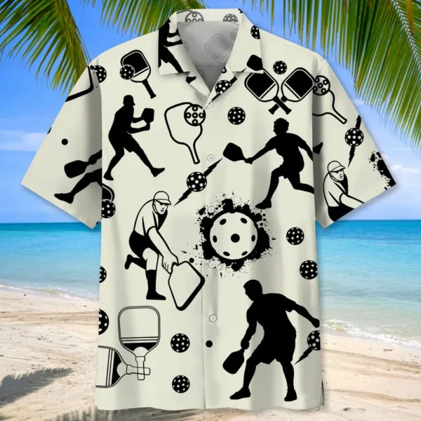 Pickleball – Chemise hawaïenne icônes noir & blanc – Image 2