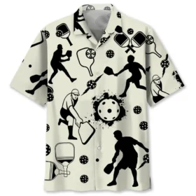 Pickleball – Chemise hawaïenne icônes noir & blanc