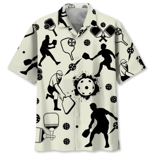 Pickleball – Chemise hawaïenne icônes noir & blanc