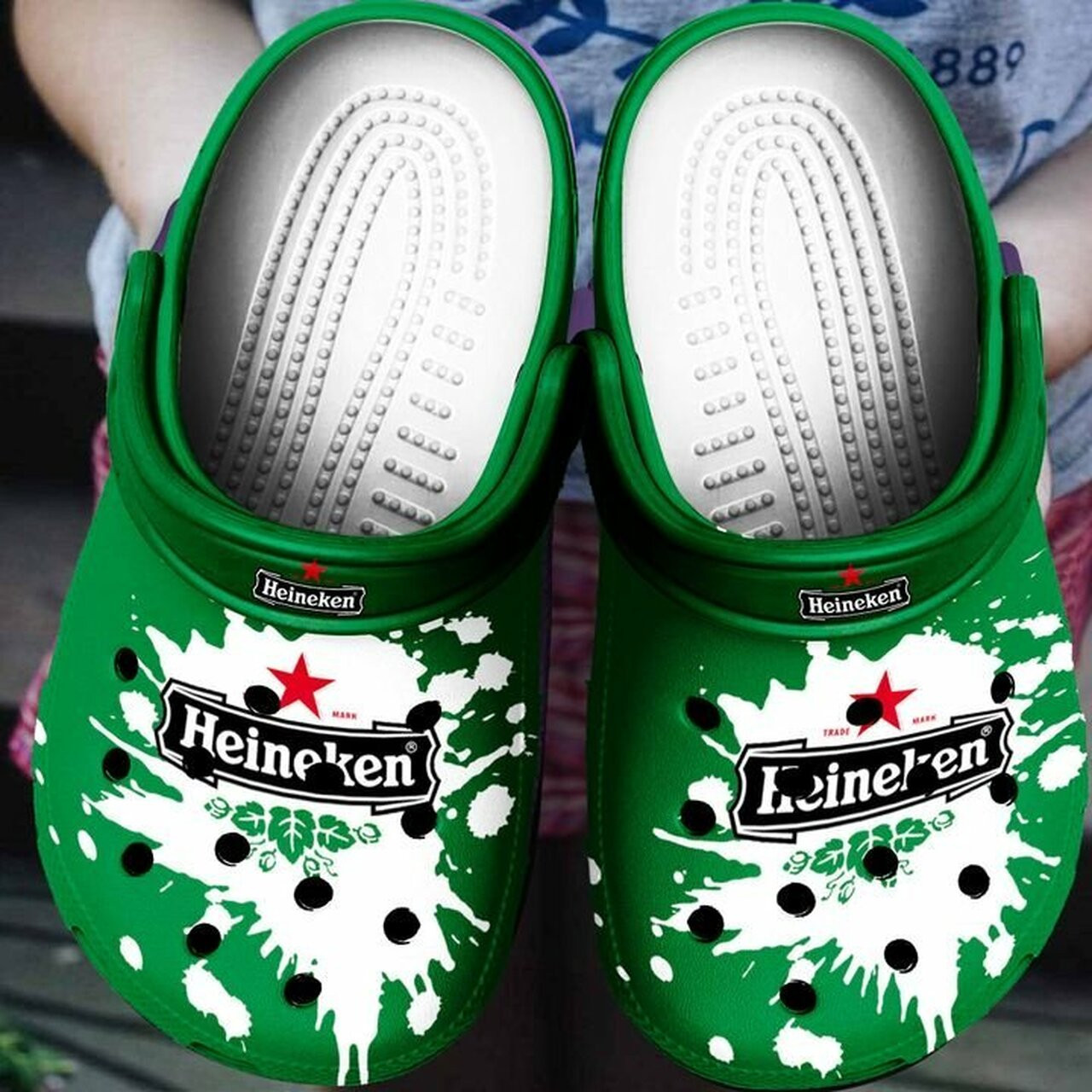 Sabots Heineken Beer Logo Splatter Pattern Crocs Classic Clogs Shoes In Green - Clog