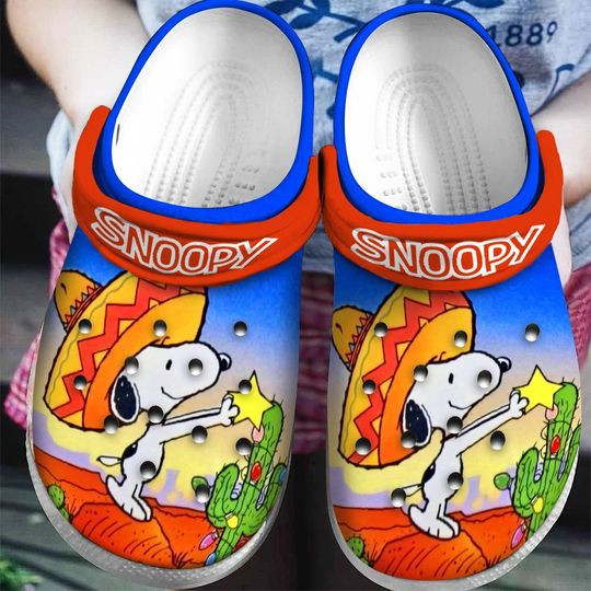 Sabots Snoopy Leaf & Star Pattern Crocs Classic Clogs Shoes In Red & Blue - Clog