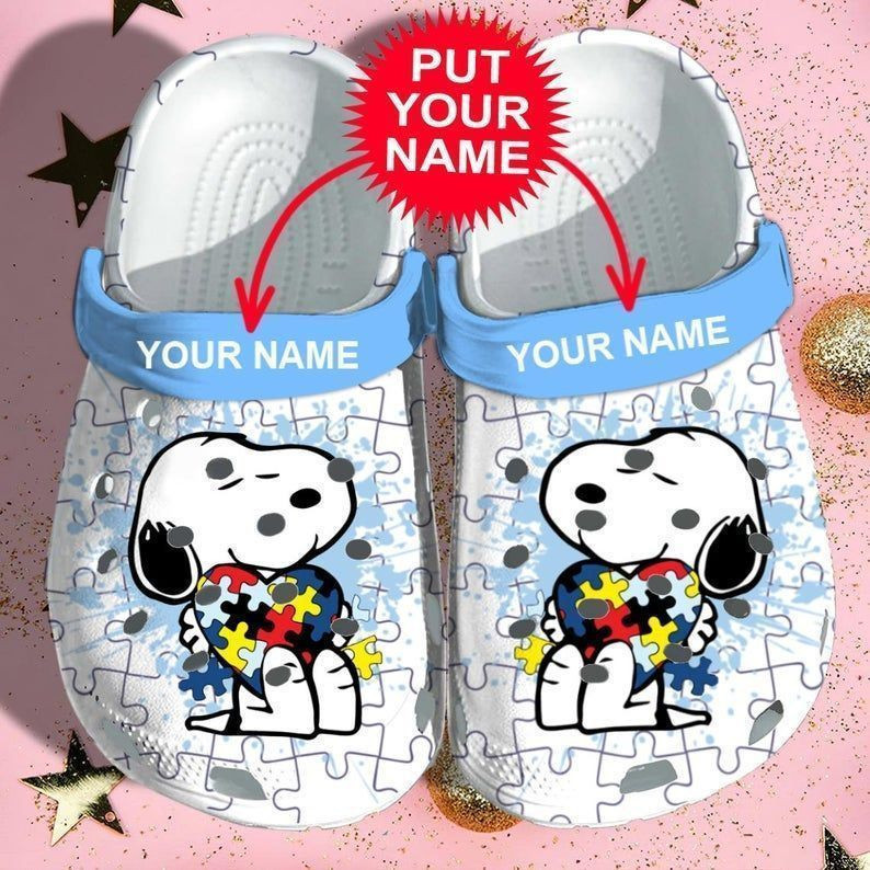 Sabots Snoopy Autism W Heart Pattern Crocs Classic Clogs Shoes In Blue & White - Clog