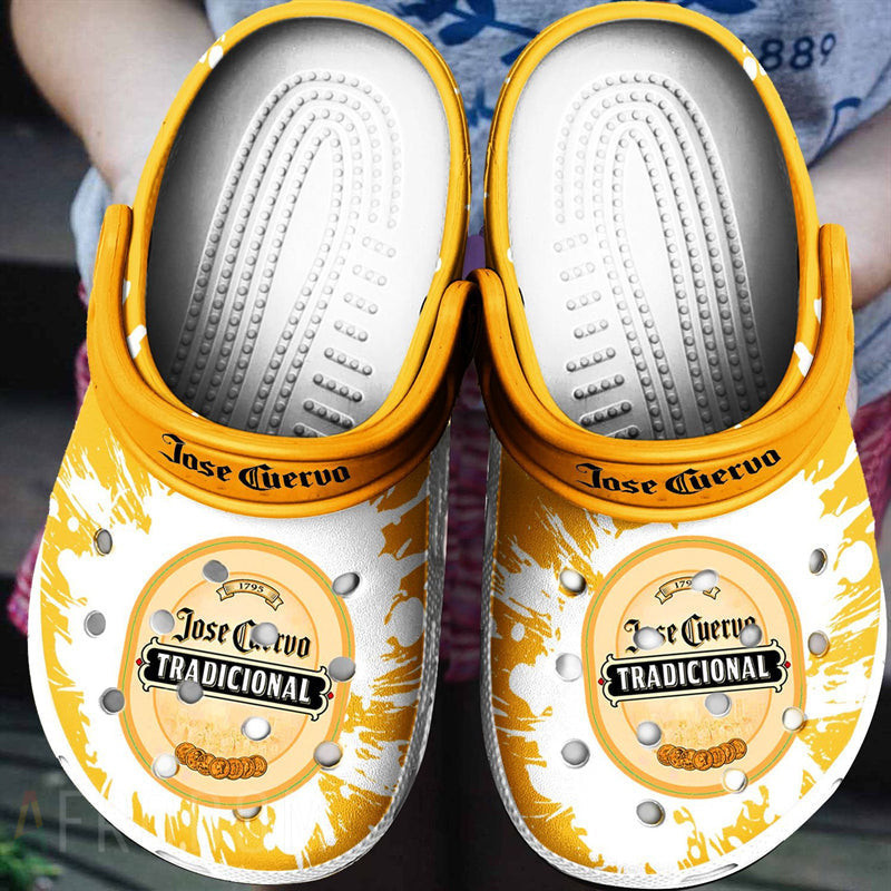 Sabots Jose Cuervo Logo Splatter Pattern Crocs Classic Clogs Shoes In Yellow White - Clog