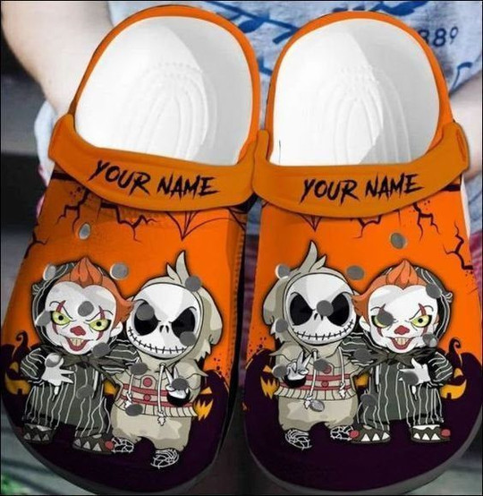 Sabots Jack Skellington And Pennywise Crocs Classic Clogs Shoes In Orange - Clog