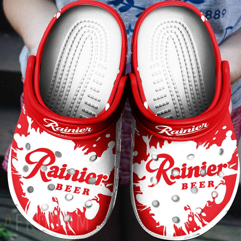 Sabots Rainier Beer Logo Pattern Crocs Classic Clogs Shoes In Red & White - Clog