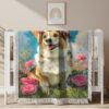 Couverture tissée Un Corgi assis sur l'herbe portant une couronne de fleurs