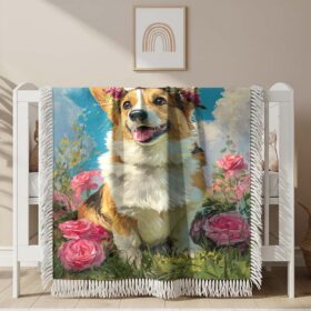 Couverture tissée Un Corgi assis sur l&rsquo;herbe portant une couronne de fleurs