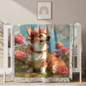 Couverture tissée Un Corgi assis sur l&rsquo;herbe avec une rose