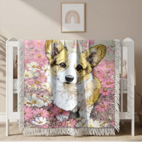 Couverture tissée Un corgi dans un champ de fleurs