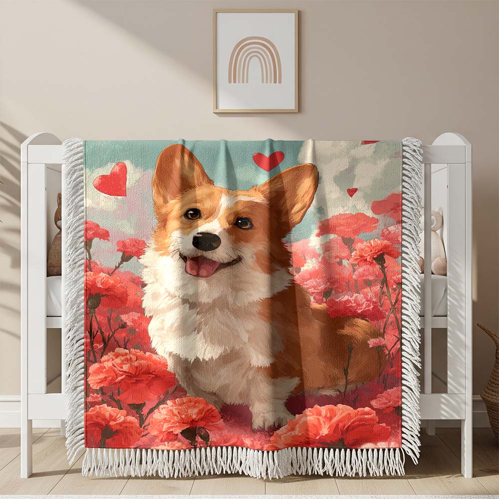 Couverture tissée Un corgi assis dans un champ en fleurs