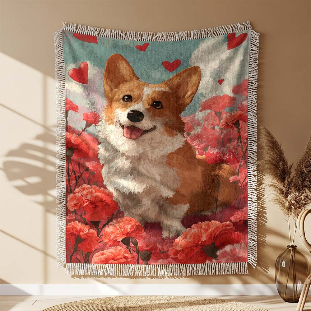 Couverture tissée Un corgi assis dans un champ en fleurs – Image 2