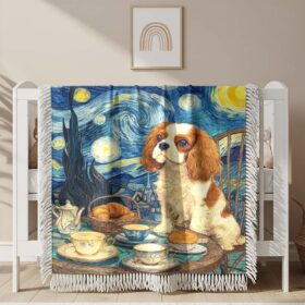 Couverture tissée Un mignon chiot Épagneul King Charles crème et blanc