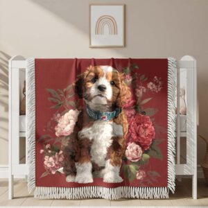 Couverture tissée Chiot Cavalier King Charles et fleurs rouges