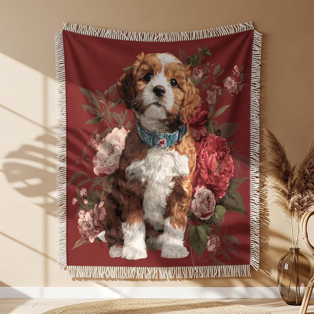 Couverture tissée Chiot Cavalier King Charles et fleurs rouges – Image 2
