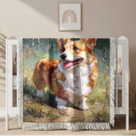 Couverture tissée Peinture à l&rsquo;huile de Corgi style campagne