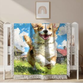 Couverture tissée Mignon Chien Corgi souriant courant dans l&rsquo;herbe verte