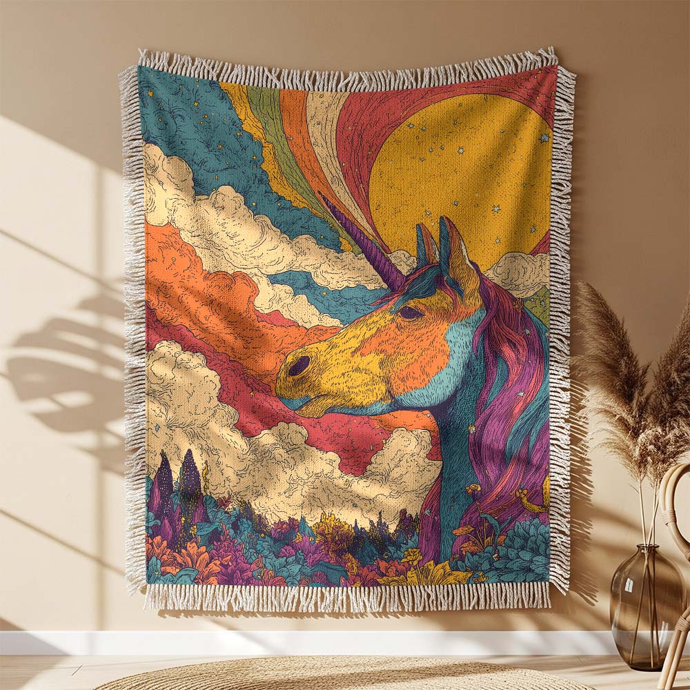 Couverture tissée Licorne arc-en-ciel rétro – Image 2